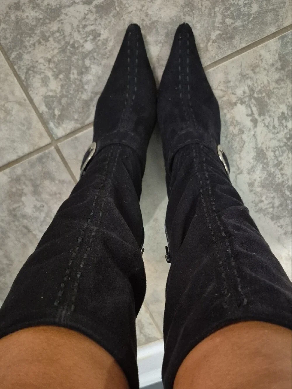 BCBGirls Black To-the-Knee Stiletto Boots with Decorative Buckle